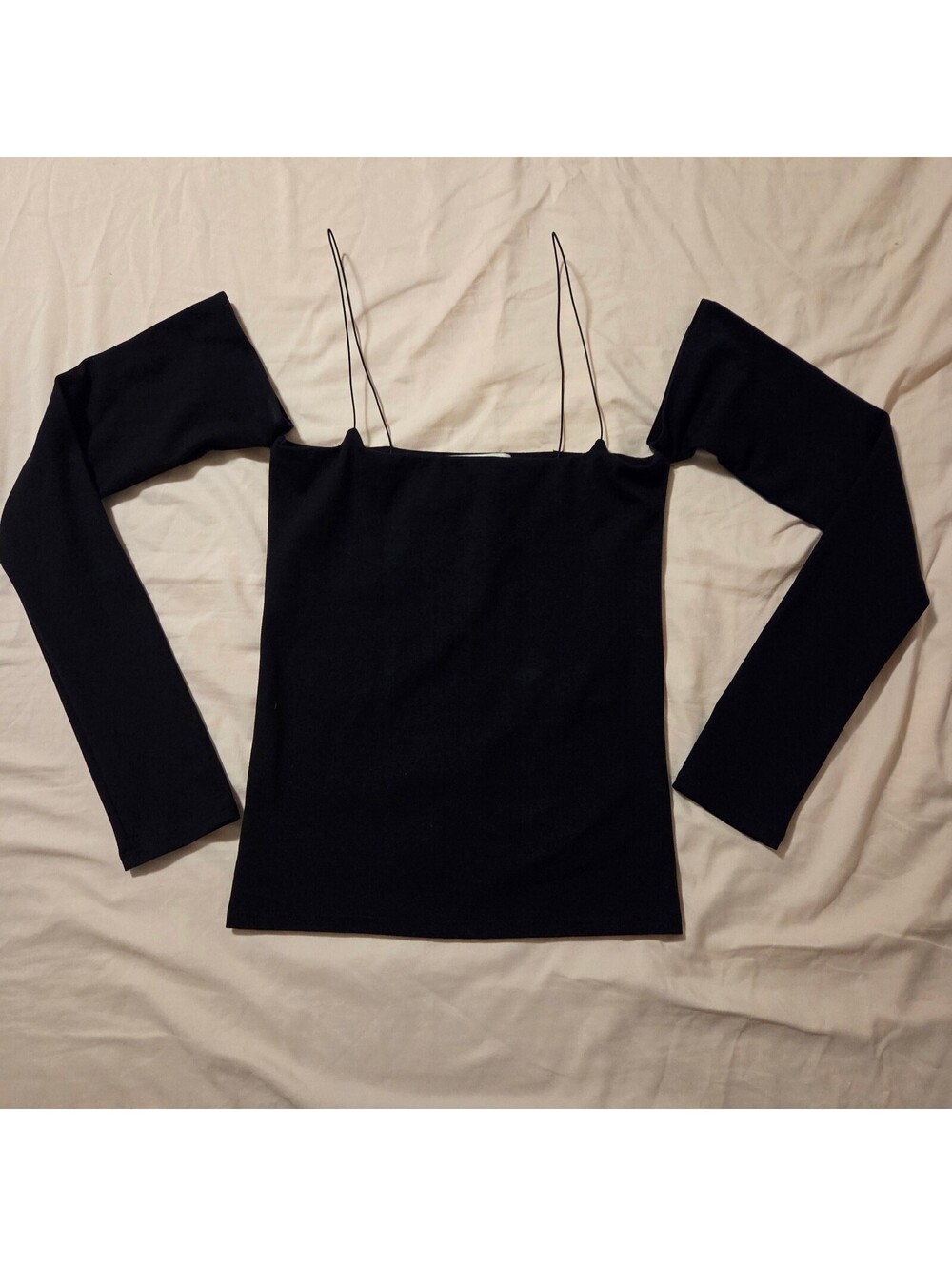 Joah Brown Black Off-Shoulder Long Sleeve Top with Thin Straps S/M